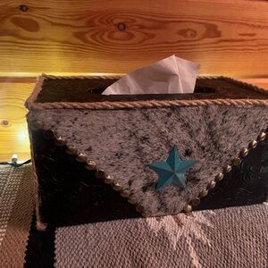 Rustic cowhide western Tissue Box Cover with Turquoise Star